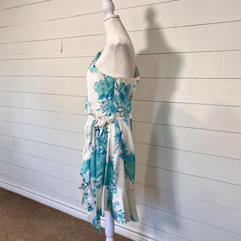 Gianni Bini Cream and Blue Satin Floral Wrap Dress Size 10 - Picture 5 of 11